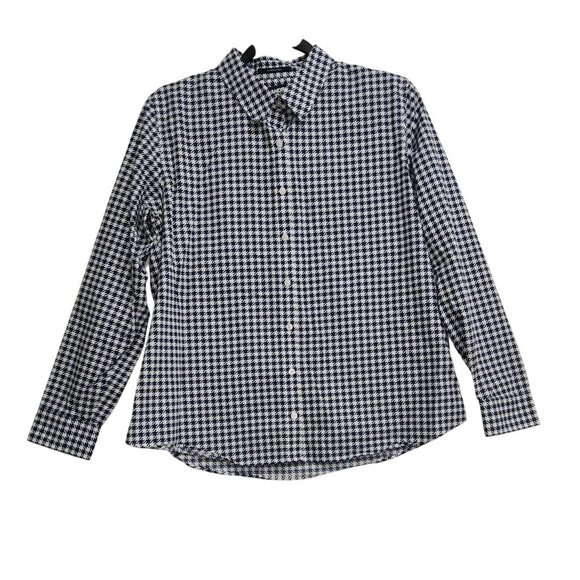 Lands End Womens Houndstooth Button-Up Shirt 12P Long Sleeve 100% Cotton Navy/Wh - Picture 1 of 6